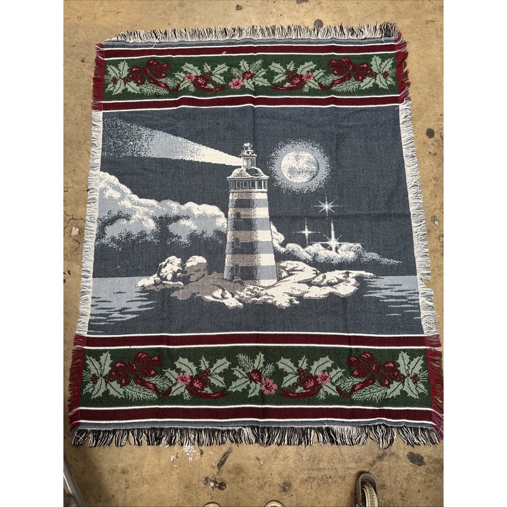 Light House Christmas Holly Tapestry Blanket Throw Fringed 48x60" USA Made